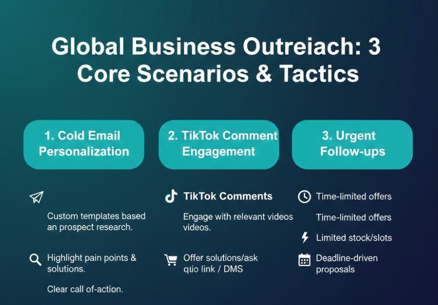 外贸获客三大场景对比图：开发信个性化模板、TikTok评论区截单、客户跟进制造紧迫感