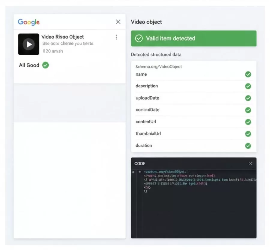 Google富媒体结果测试工具验证Video Schema的截图，显示检测到有效视频结构化数据