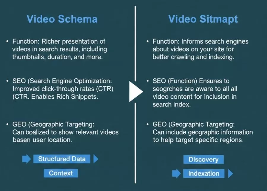 Video Schema与Video Sitemap功能对比示意图，标注两者在SEO和GEO中的不同作用