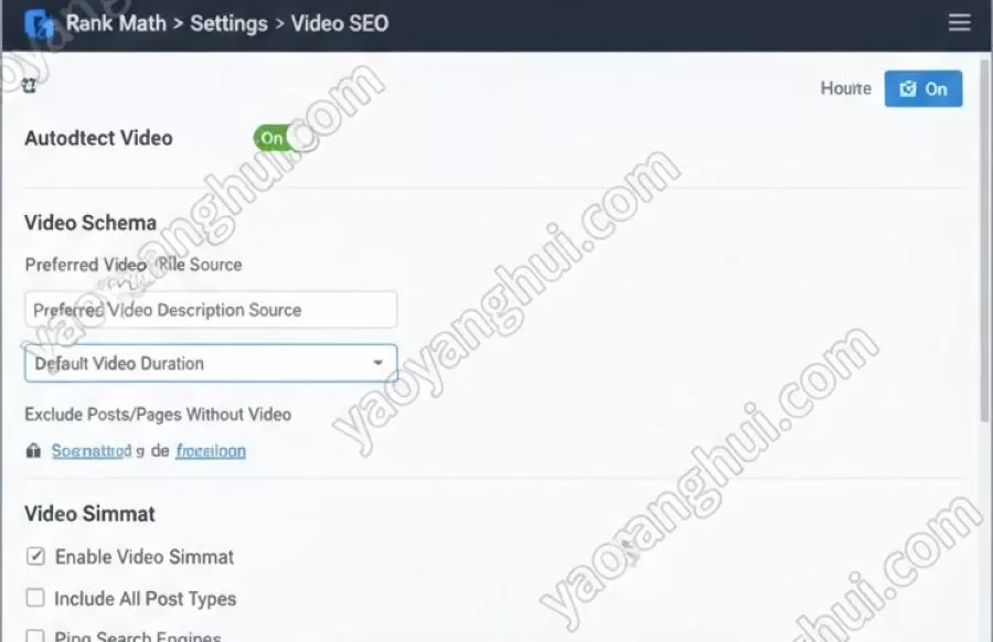 RankMath后台Video Schema和Video Sitemap设置界面截图，展示Autodetect Video开关和配置选项