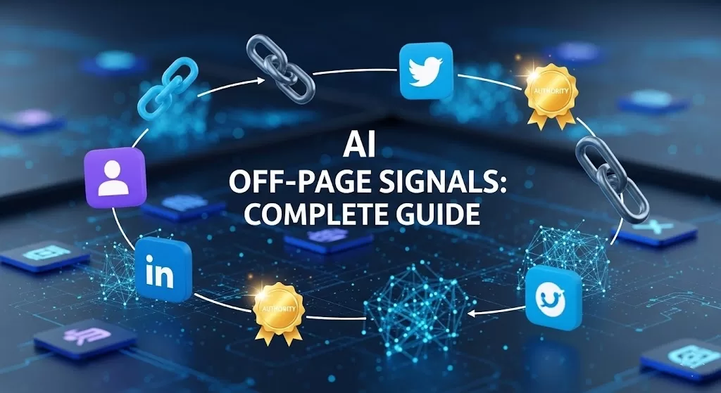 一个展示 AI 离页信号概念的 16:9 商务科技插图。画面物理中心是醒目的“AI OFF-PAGE SIGNALS: COMPLETE GUIDE”标题，周围环绕着象征反向链接、社交媒体节点、权威标识和数字连接的图标，体现了 SEO 中的外部信号整合。