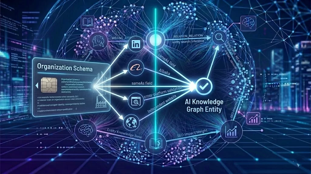 AI术语 #204：Organization Schema（组织架构结构化数据）外贸工厂实体身份验证逻辑图