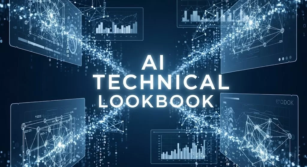 一张展示 AI 技术图鉴概念的 16:9 商务科技插图。画面物理中心是醒目的“AI TECHNICAL LOOKBOOK”白色粗体标题，背景由深蓝色调的神经网络架构图、半透明数据可视化 UI 和发光的数字流组成，展现出高端的企业级技术感。