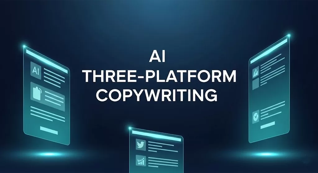 一张极简、高端的 16:9 商务科技插图。画面物理中心是醒目的白色粗体标题“AI THREE-PLATFORM COPYWRITING”，背景为深蓝色调，并带有三个发光的透明全息屏幕，象征文案在不同数字平台间的同步与发布。