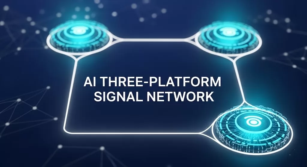 一张极简、高端的 16:9 商务科技插图。画面物理中心是醒目的白色粗体标题“AI THREE-PLATFORM SIGNAL NETWORK”，背景为深蓝色调，并带有三个发光的数字化节点通过亮白线条相连，象征三大平台间互联互通的信号网络。