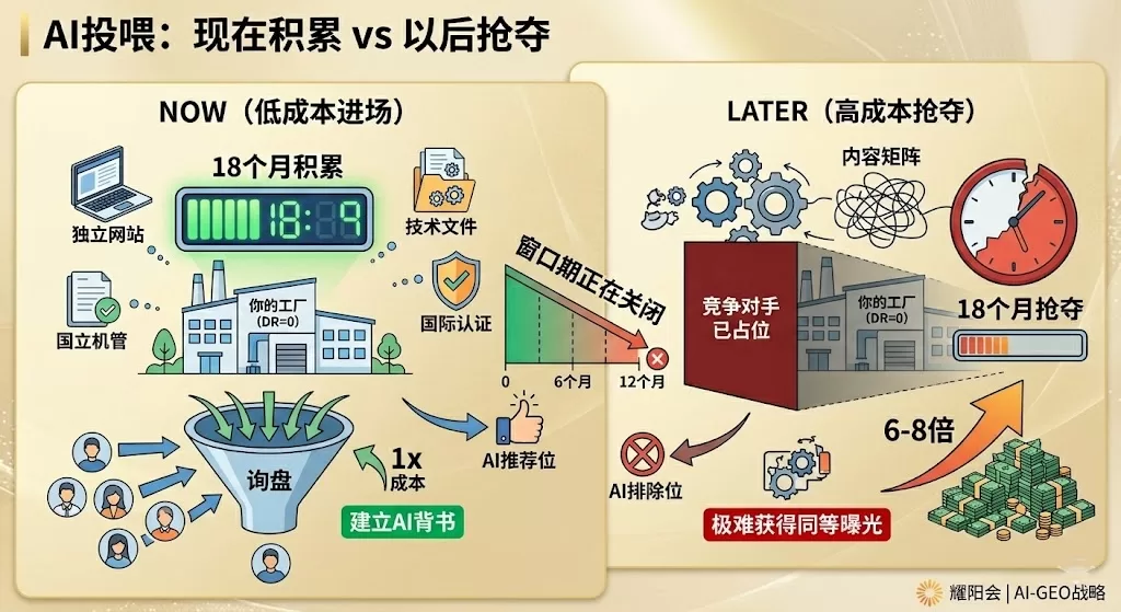 你的竞争对手已经获得AI的背书推荐，每天都在收获询盘——而你现在还不建站不投喂AI？等你准备好抢夺推荐位，至少多花18个月、额外投入8倍成本，但不保证抢得回来… | 耀阳会GEO | AI搜索实战社区