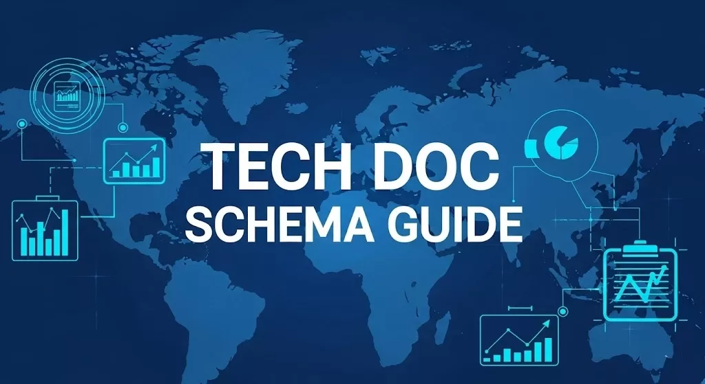 一张关于 B2B 外贸网站“技术文档 Schema 指南”的高科技信息图，展示了结构化数据对提升技术文档搜索可见性的重要性，中心文字为 TECH DOC SCHEMA GUIDE。