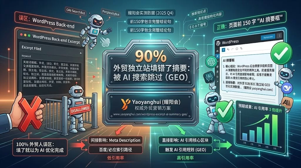 AI首先读取你的文章摘要，再决定是否爬取你的网站：把页面前150字改成结论句，8天后AI开始主动引用你的外贸独立站 – 2种Excerpt摘要有何区别？如何撰写？ | 耀阳会GEO | AI搜索实战社区