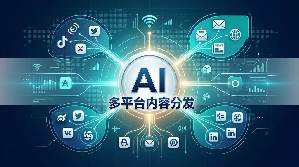 耀阳会关于“AI 多平台内容分发”的专业特色图。画面中心为白色中文标题“AI 多平台内容分发”，背景由深蓝色调的多个全息分发窗口和数据流组成，展示了 B2B 内容在多平台同步的高端技术感。