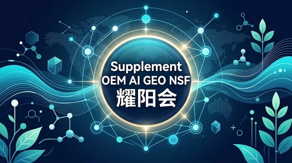 耀阳会关于“Supplement OEM AI GEO NSF”的专业特色图。画面中心是醒目的白色标题“Supplement OEM AI GEO NSF”和“耀阳会”两行文字，背景展示了 AI 驱动下的 GEO 区域定位与 NSF 质量认证在膳食补充剂 OEM 制造中的融合，风格高端、科技。